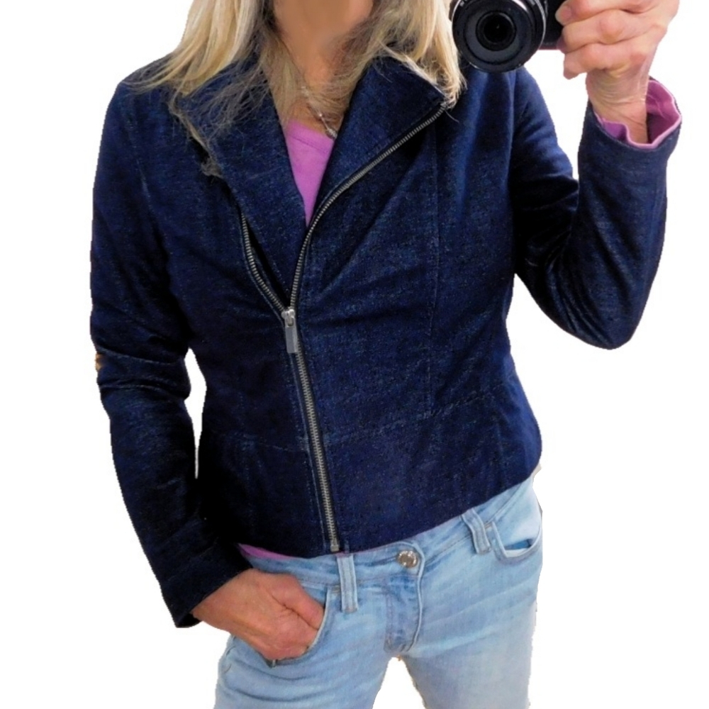 LIZ CLAIBORNE SZ PM SOFT DENIM CROP MOTO JACKET - Picture 2 of 6